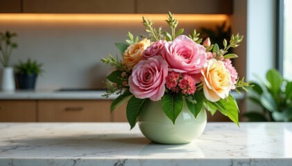 Vibrant floral arrangement on a marble countertop, makeup station, home decor