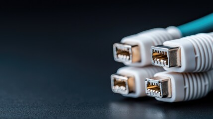 Fiber optic cable connectors closeup high tech data network communication