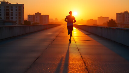 Drone-style dawn shot of jogger on rooftop, casting long shadow across gravel in warm orange-to-cool shadow gradient, capturing dynamic mid-stride motion.