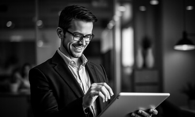Smiling man in a suit uses a tablet in a bright office setting.  Modern workplace with professional using digital device for business.