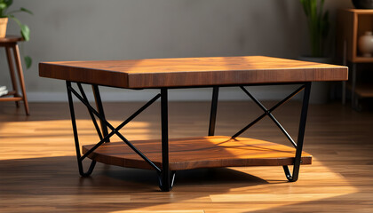 wooden table with a metal base on a hard wood floor