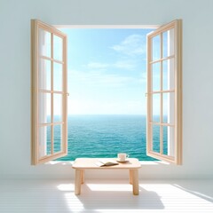 Serene Ocean View from Open Window with Minimalist Interior Design