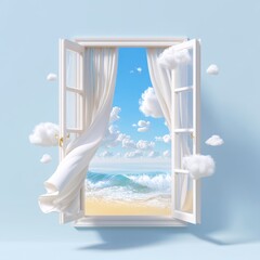 Serene Beach View Through Open Window with Soft Clouds and Breeze