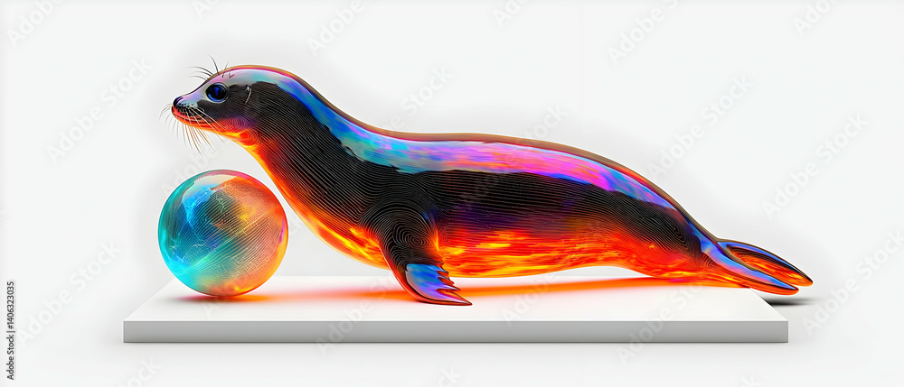 Poster pixel art seal with iridescent colors playing with a glowing ball on white background in 3d renderin