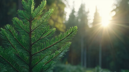 Lush green fir needles glisten in warm golden sunlight, creating serene atmosphere in tranquil forest setting