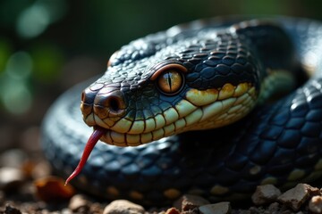 Obraz premium Snake's gaze fixed, hood flared, forked tongue darting in and out of its mouth , wildlife,