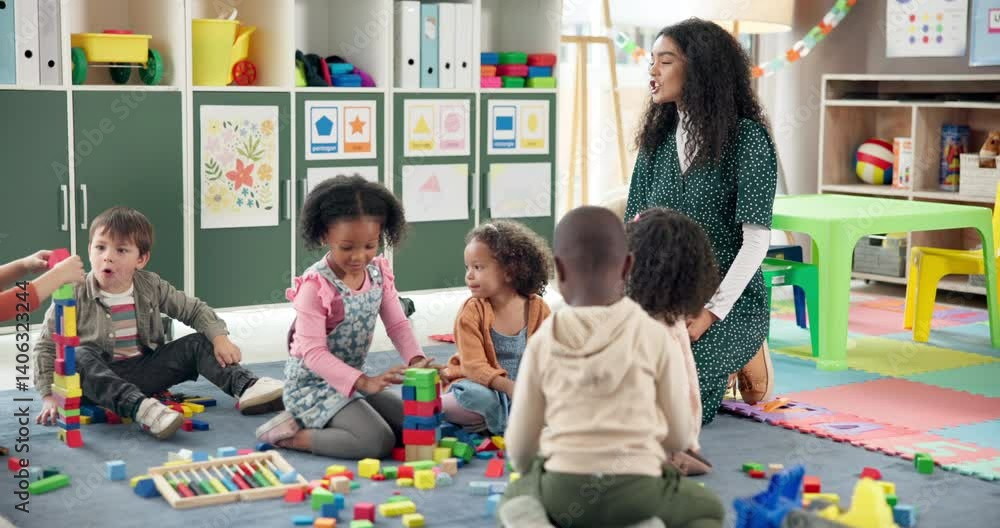 Poster Teacher, kids and play with blocks in class for learning, problem solving and creative activity. Woman, students and building toys for education game, puzzle solution and motor growth in kindergarden