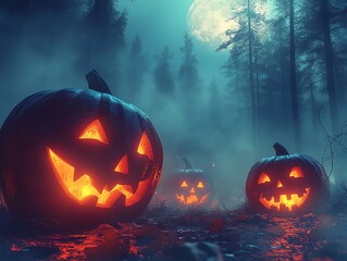 Naklejka premium Glowing jack o lanterns sit in a misty forest at night under a full moon Perfect for Halloween and spooky season imagery