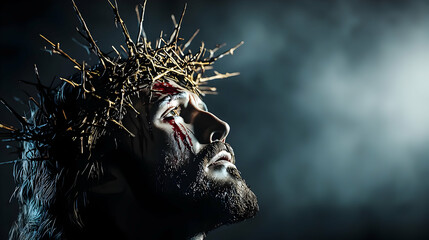 Portrait of Jesus Christ with Crown of Thorns and Blood Stained Face in Dramatic Lighting Against Dark Background