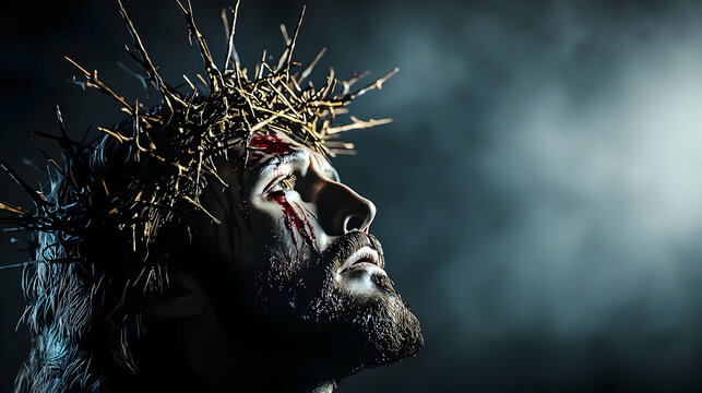 Portrait of Jesus Christ with Crown of Thorns and Blood Stained Face in Dramatic Lighting Against Dark Background