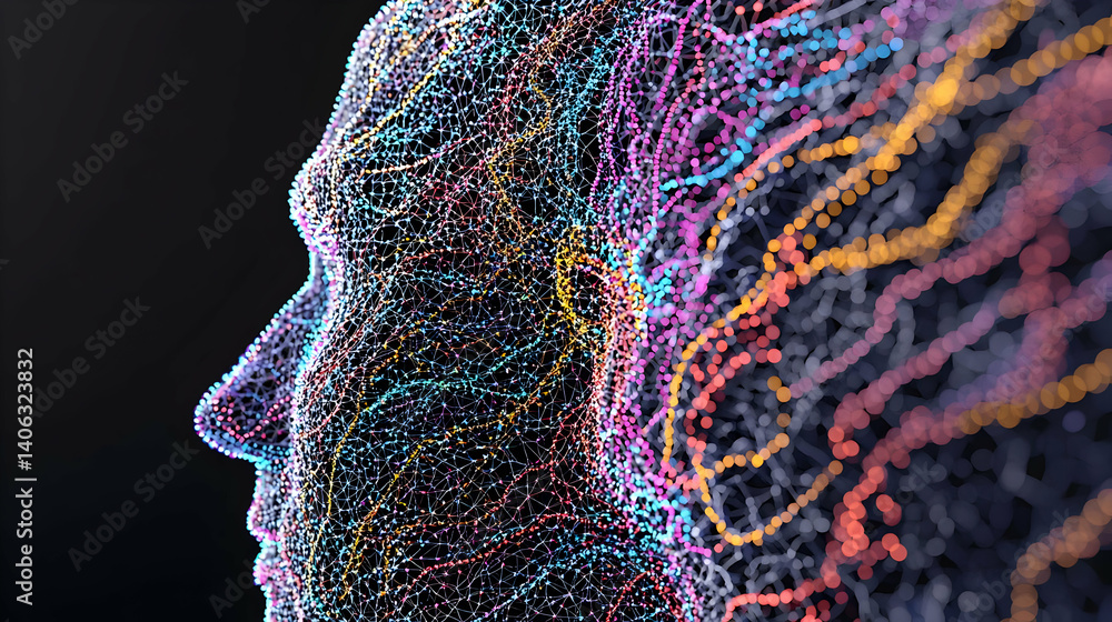 Poster digital profile depicting face constructed with colorful particles against dark background