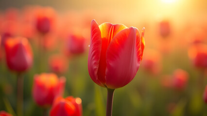 Obraz premium A ruby-red tulip captivates in a white tulip field, its waxy petals glowing in morning light. Artistic blur highlights this symbol of shining individuality.