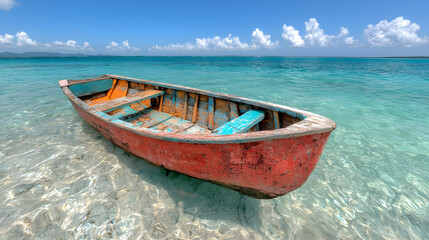 Naklejka premium Red boat in turquoise water peaceful summer vacation scene