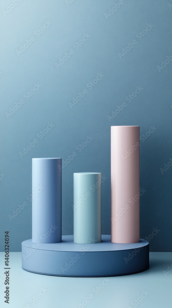 Aufkleber three tall cylinders of different colors are placed on a blue surface. the cylinders are arranged in