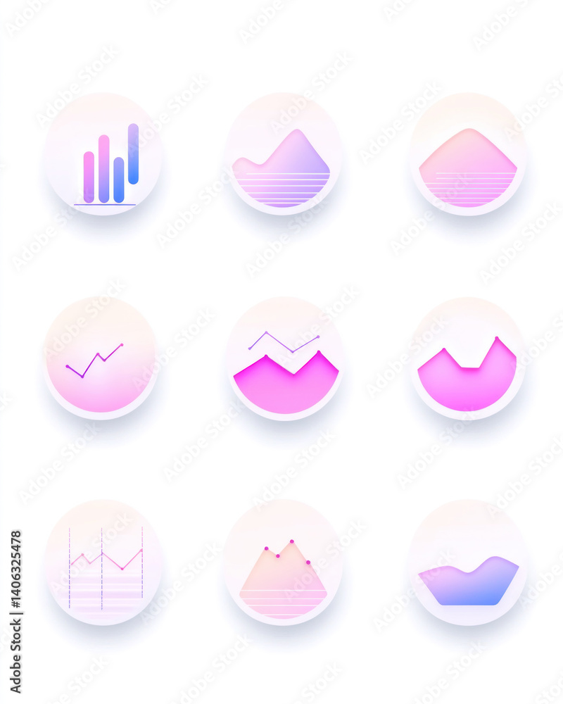 Poster a set of round icons with mountains and graphs. the icons are all different colors and sizes. scene 