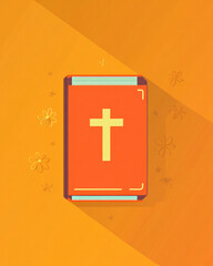 Obraz premium A book with a cross on it is shown on an orange background. The book is titled 