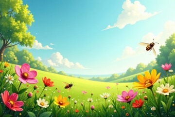 Fototapeta premium Sunny meadow with vibrant wildflowers and insects in a seamless border, summer, insects