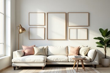 Empty photo frames in different sizes and styles arranged in a collage on a neutral-toned living room wall with modern furniture, empty frames, contemporary style