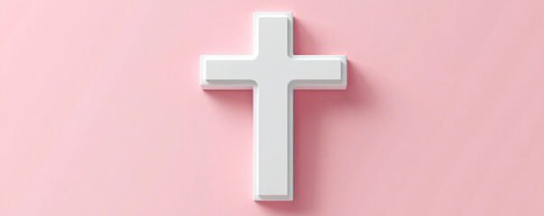 Obraz premium A white cross is on a pink background. The cross is the main focus of the image. The pink background creates a soft and gentle mood, making the image feel peaceful and calming