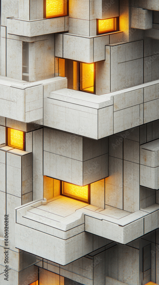 Aufkleber a building with many windows and a balcony. the windows are lit up with yellow light. the building h