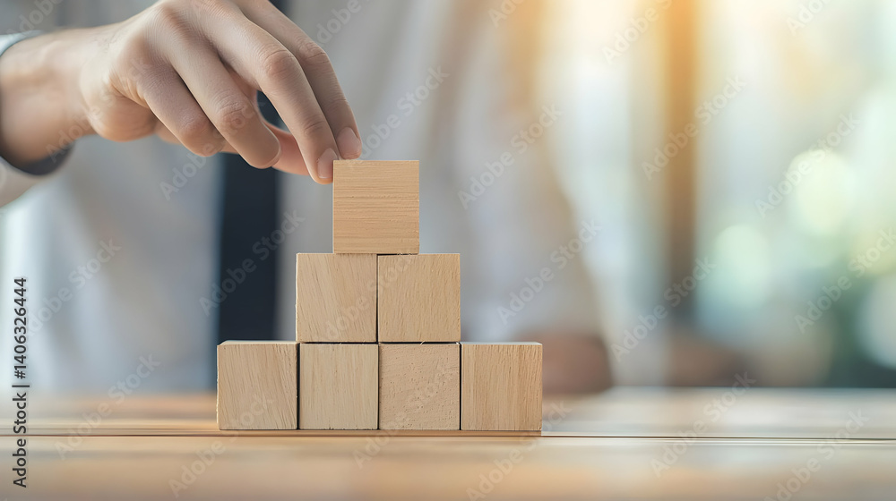Poster businessman hand stacking wooden blocks creating pyramid structure focused light background