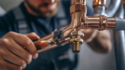 Naklejka premium Plumber securing copper pipes inside a residential framework. Featuring skilled installation