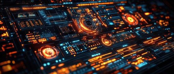 Obraz premium Futuristic digital interface with glowing orange & blue elements and intricate patterns