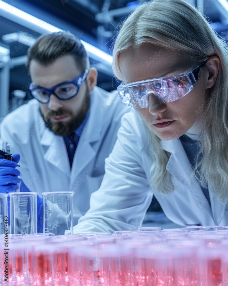 Poster two scientists in lab coats analyze colorful liquids in a laboratory, showcasing teamwork in scienti