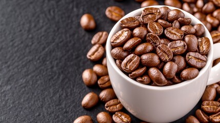 Fototapeta premium Roasted coffee beans in white cup dark background