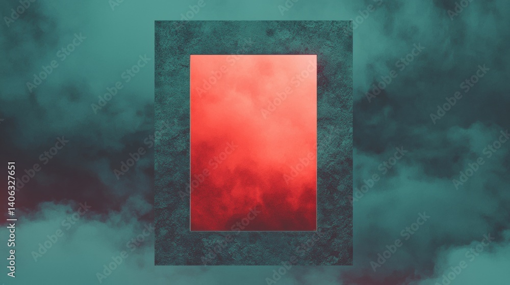 Poster a captivating abstract image featuring a red-hued rectangle framed by textured turquoise clouds.
