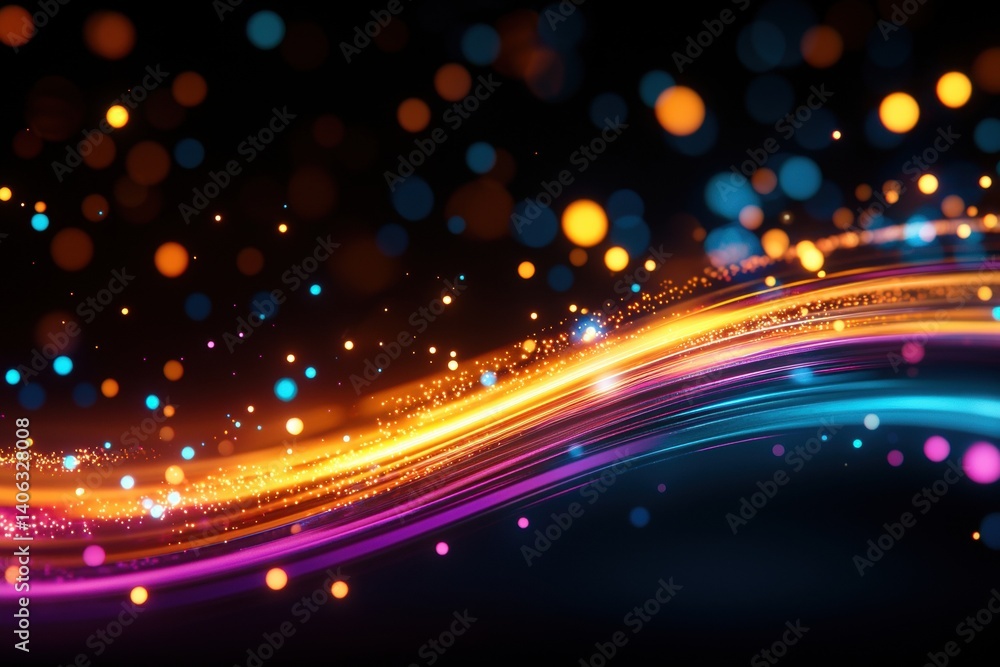 Poster a vibrant abstract image featuring colorful flowing lights and bokeh effects against a dark backgrou