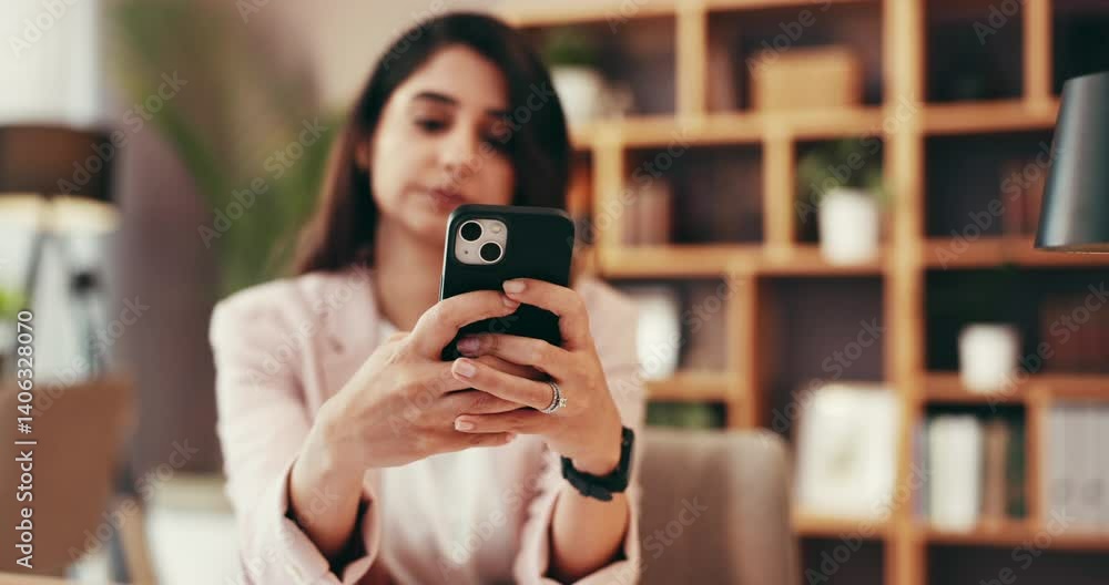 Poster remote work, phone and bad news with woman in home office for virtual assistant, worry and networkin