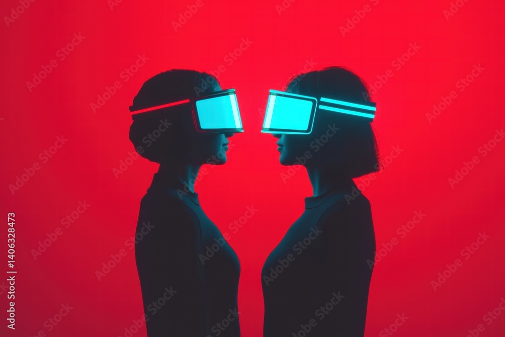 Poster two figures with futuristic vr headsets face each other against a vivid red background, creating an 