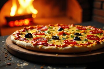 Oven-baked pizza with melted cheese and toppings on a wooden board amidst a fiery oven blaze, wood, fire, kitchen utensil