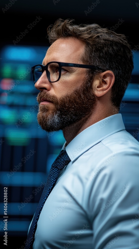 Poster a focused man with glasses and a beard stands in profile against a background of colorful data displ