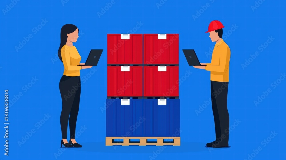 Poster two individuals engage in work at a pallet stacked with colorful containers, using laptops against a