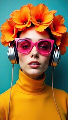Stylish woman wearing headphones and oversized sunglasses, adorned with vibrant floral headpiece