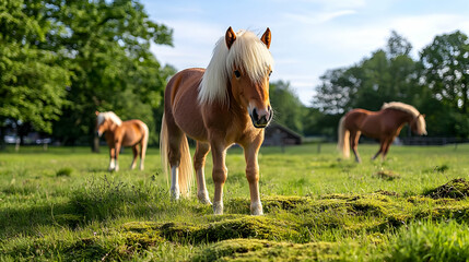Majestic Haflinger Horse With Blond Mane In Lush Green Pasture With Other Horses Under Sunlight