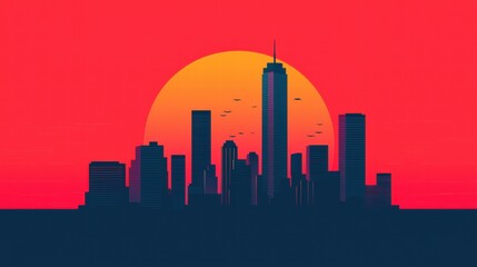 A vibrant sunset silhouette of a city skyline against a bold red background, featuring tall buildings and a large sun.