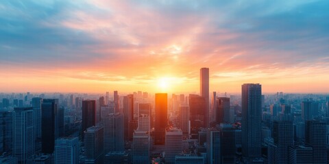 Fototapeta premium A stunning city skyline at sunset, showcasing high-rise buildings against a vibrant, colorful sky filled with clouds.
