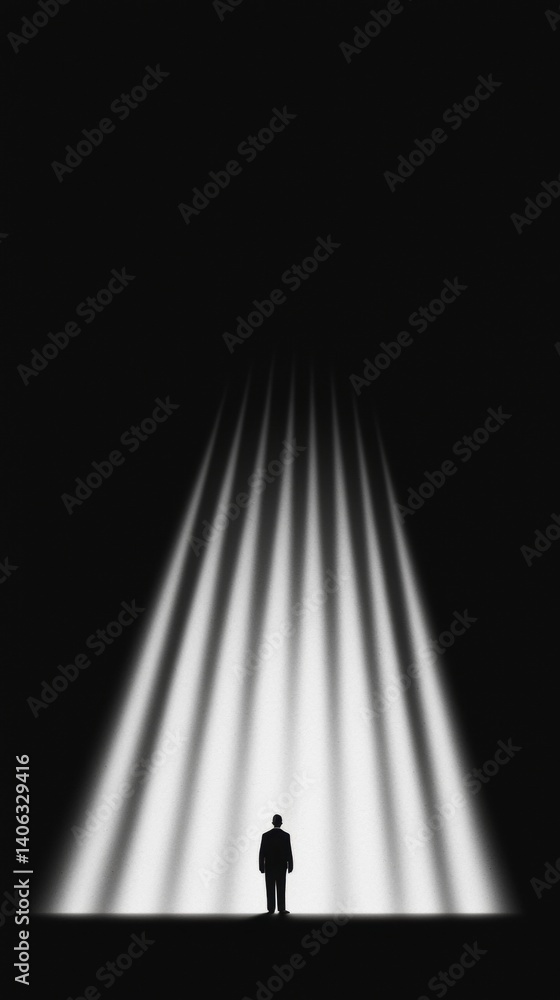 Poster a solitary figure stands beneath beams of light in a dark setting, creating a dramatic contrast that
