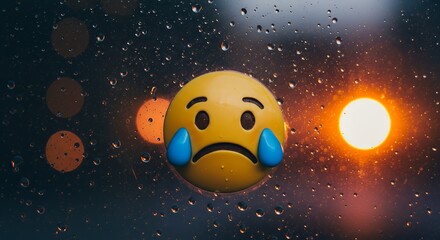 Sad Emoji on Rainy Window with Bokeh Lights Reflecting a Gloomy Mood