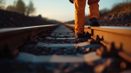 Railway maintenance worker inspecting train tracks for alignment. Featuring precision rail work