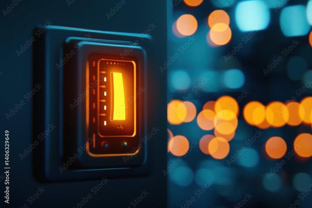 Poster a close-up of a glowing orange switch against a dark background, with soft bokeh lights creating a v