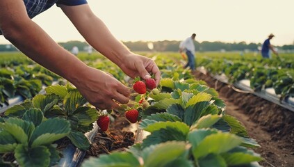 Close up of hands picking ripe strawberries on farm at sunset, with people harvesting in background, showing teamwork, fresh produce, and natural agriculture during peak strawberry season in summer.