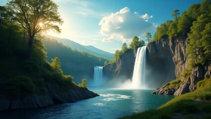 Fototapeta premium Majestic Waterfall Cascading into Serene Lake