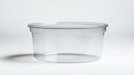 A clear plastic container with a lid, used for storage or food.