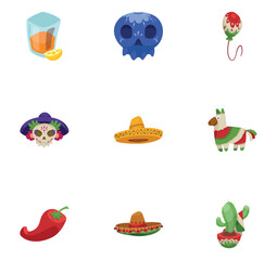 Colorful flat vector set of Mexican-themed icons including tequila, sugar skulls, chili pepper, sombreros, cactus, piñata, and festive balloon, representing traditional Mexican culture and celebration