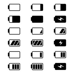 Set of phone battery load charge information level full energy black graphic icons ui