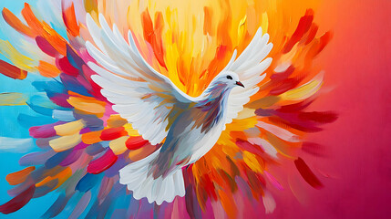 Obraz premium White Dove Soaring Gracefully Amidst A Vibrant Explosion Of Colorful Brushstrokes In A Digital Painting